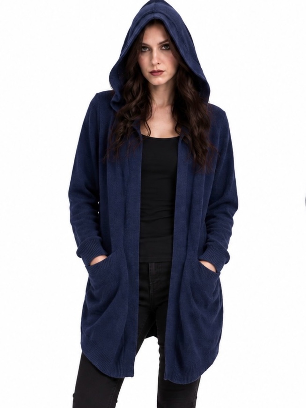 Cabi M Newport Knit Hoodie Cardigan Navy Open-Front comfy travel Whimsigoth luxe